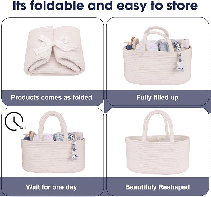 Baby Diaper Caddy Organizer for Girl Boy Cotton Rope Nursery Storage Bin Basket Portable Holder Tote Bag for Changing Table Car Travel Baby Shower Gifts Newborn Essentials Registry Must Haves White
