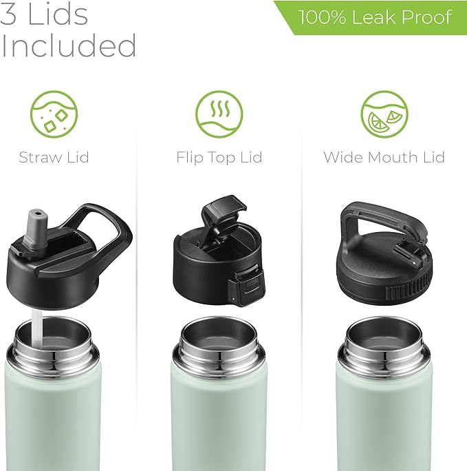 SipX™ Triple-Insulated Stainless Steel Water Bottle 18oz. With 3 Lids, BPA-Free Reusable Insulated Water Bottle Keeps Cold 24 Hours, Metal Water Bottle Made Of Sustainable Material For Hiking & Biking