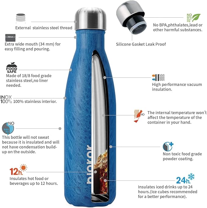 BJPKPK Insulated Water Bottles -17oz/500ml -Stainless Steel Water Bottles,Sports Water Bottles Keep Cold for 24 Hours and Hot for 12 Hours,BPA Free Water Bottle,wood-Ice Blue