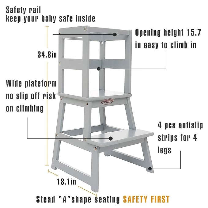 SDADI Kids Kitchen Step Stool Holds up to 150 Pounds with Safety Rail, Wide Platform Design, 4 Anti Slip Strips for 18 to 36 Months Old, Gray