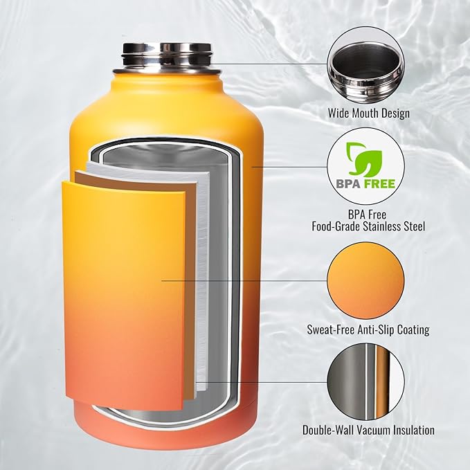Gallon Water Bottle with Straw&Spout Lid, 128oz Stainless Steel Water Jug with Handle and Wide Mouth, One Gallon Vacuum Double Walled Jug for Sports, Outdoors. Yellow&Orange 128oz