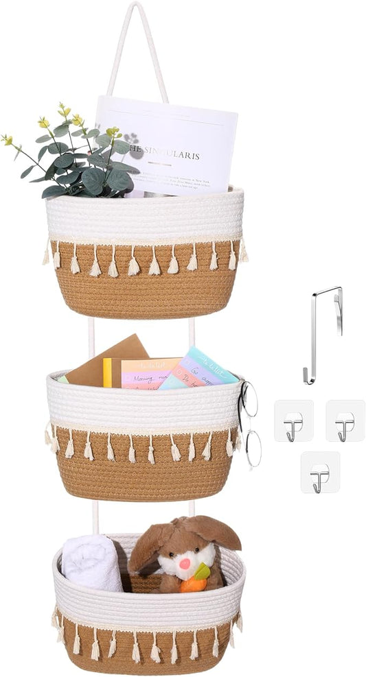 Over The Door Hanging Basket Boho Woven Wall Hanging Baskets 3-Tier Cotton Wall Mounted Storage Organizer Bag Macrame Decorative Hanging Baskets for Kitchen Laundry Room Stairs(White, Jute)