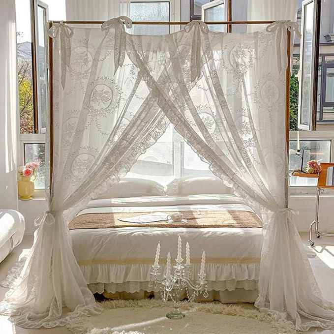 Elegant Lace Princess 4 Corner Post Mosquito Net Romantic for Girls Women Bed Curtain Canopy for Adult Wedding Bedroom Kids Rooms Decoration (Color-A, King)