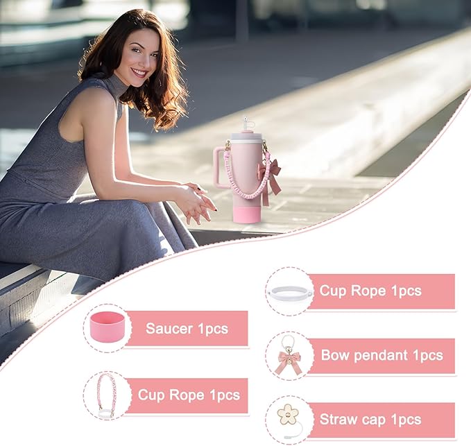 BELSITA Stanley Cup Accessories Set, Bow Pearl Chain Braided Design Water Bottle Handle Strap, Silicone Stanley Cup Boot, Stanley Charms for Stanley Cup 30/40oz Tumble (Pink)