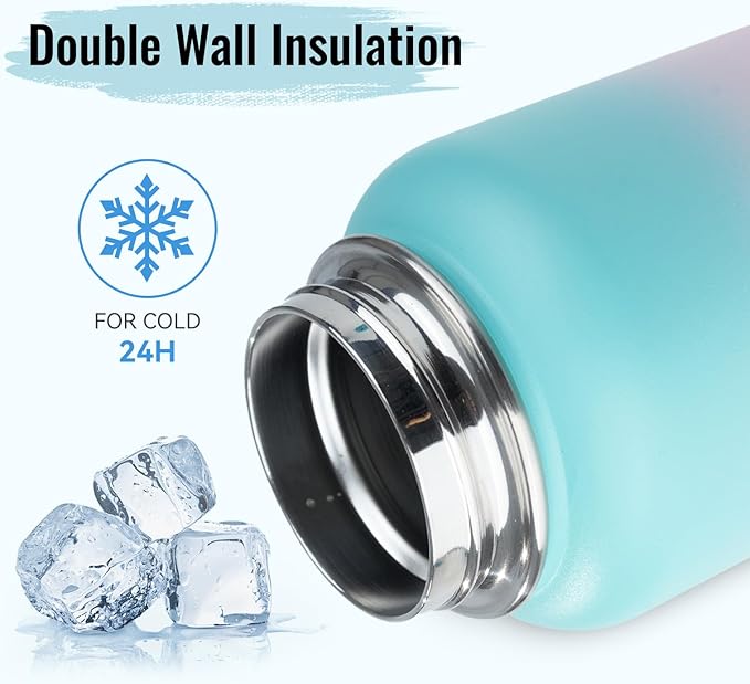 Stainless Steel Water bottle with Straw & Wide Mouth Lid, Wide Rotating Handle, 32oz Double Wall Vacuum Insulated Water Bottle Leak Proof, BPA Free, Keep Cold and Hot, 32oz, Purple Gradient