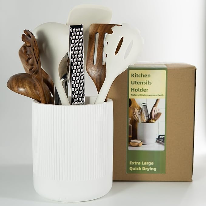 Instant Dry Stone Utensil Holder for Kitchen Counter, H7" Large Diatomite Kitchen Utensil Holder for Countertop, Cooking Utensil Crock with Water Absorbent, Farmhouse Kitchen Counter Decor,White