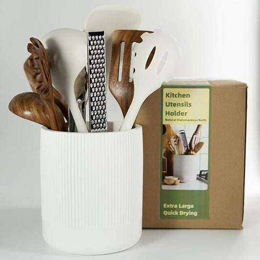 Instant Dry Stone Utensil Holder for Kitchen Counter, H7" Large Diatomite Kitchen Utensil Holder for Countertop, Cooking Utensil Crock with Water Absorbent, Farmhouse Kitchen Counter Decor,White