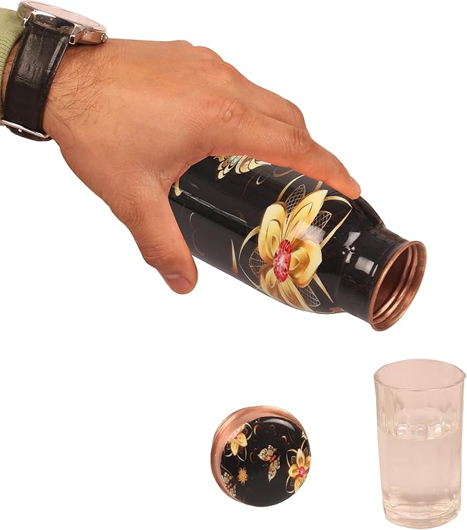 Pure Copper Water Bottle - Handcrafted - Ayurveda health benefits - Small 15 oz - Leak proof - Easy to carry for Sports, Fitness, Yoga, School - Textured Black Base Floral Colorful Enamel.