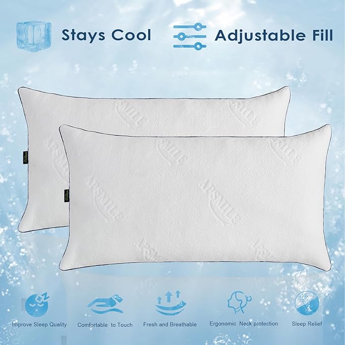 APSMILE Adjustable Shredded Memory Foam Pillows, Luxury Cooling Pillows for Neck Pain, Hotel Bed Pillows for Sleeping, Essentials King Size Pillows for Side/Back Sleeper (White,18"x34")