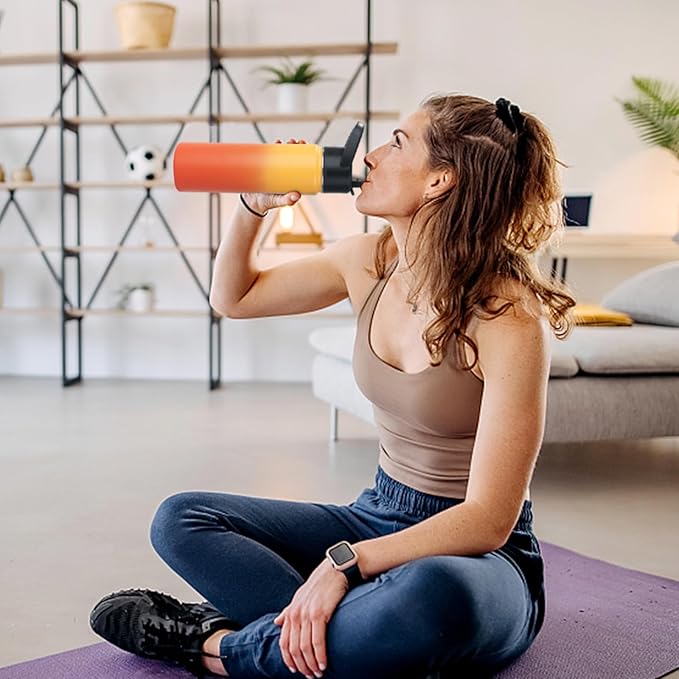 Stainless Steel Water bottle with Straw & Wide Mouth Lid, Wide Rotating Handle, 40oz Double Wall Vacuum Insulated Water Bottle Leak Proof, BPA Free, Keep Cold and Hot, 40oz, Yellow Gradient