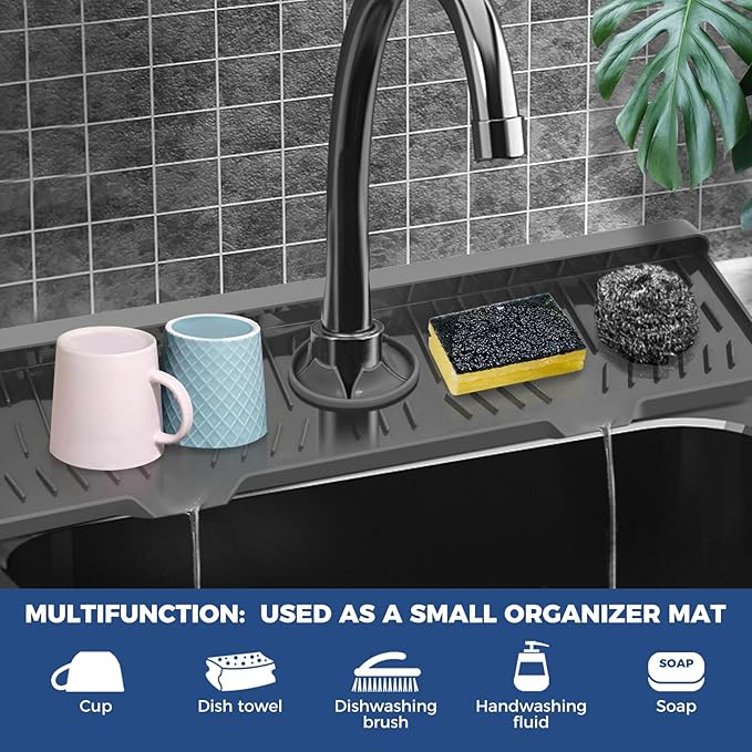 Kitchen Sink Faucet Splash Guard XXL Silicone Sink Faucet Drying Mat Faucet Handle Drip Catcher Tray, Dish Sponge Holder Kitchen Sink Accessories Protector Home Kitchen Organization Gadgets Organizer