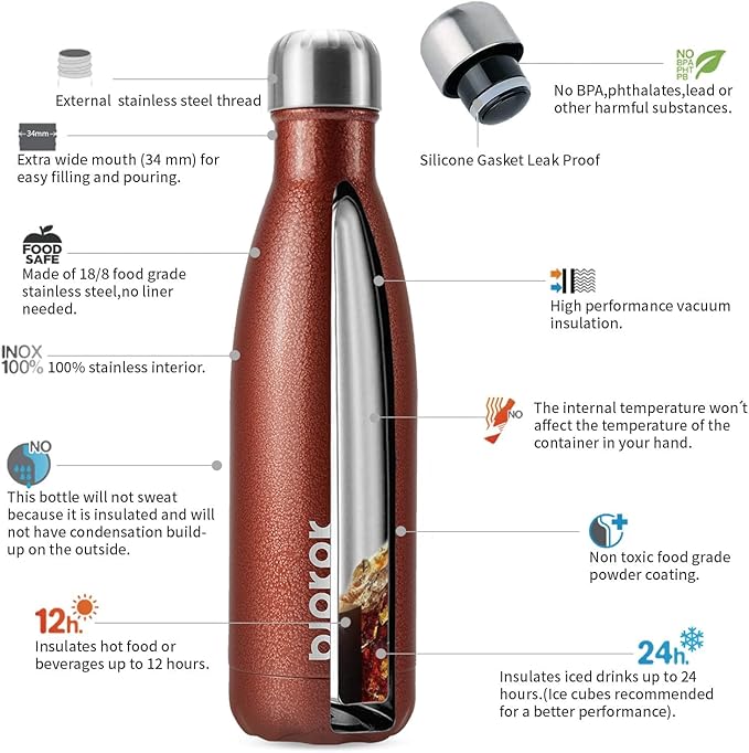 BJPKPK Insulated Water Bottles 17oz, Leak Proof Stainless Steel Water Bottle Keeps Cold for 24H and Hot for 12H, BPA Free Water Bottle,Brick Red