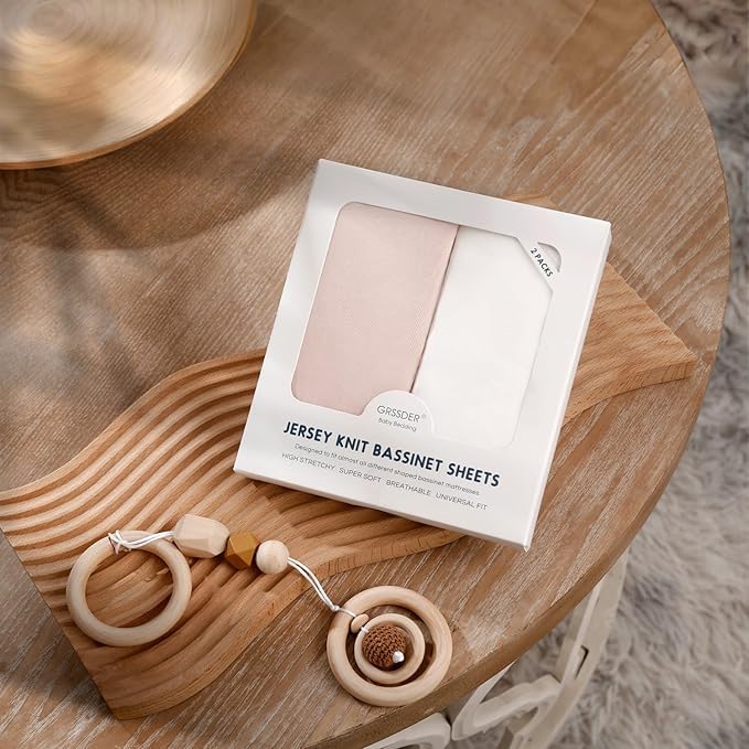 GRSSDER Stretchy Ultra Soft Fitted Bassinet Sheet 2 Pack, Universal Fit for Bassinets Baby Cradle Moses Basket Oval Rectangle Mattress Safe and Snug, Jersey Bassinet Sheets for Girls, White/Pink