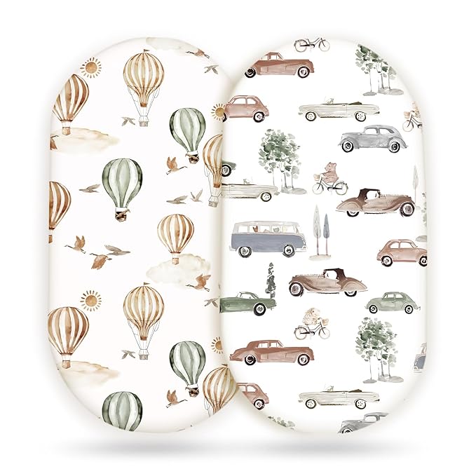 GRSSDER Stretchy Ultra Soft Fitted Bassinet Sheet Set 2 Pack, Universal Fitted for Bassinets Baby Cradle Moses Basket Oval Rectangle Mattress Safe and Snug, Neutral Pattern of Cars Print