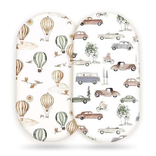 GRSSDER Stretchy Ultra Soft Fitted Bassinet Sheet Set 2 Pack, Universal Fitted for Bassinets Baby Cradle Moses Basket Oval Rectangle Mattress Safe and Snug, Neutral Pattern of Cars Print