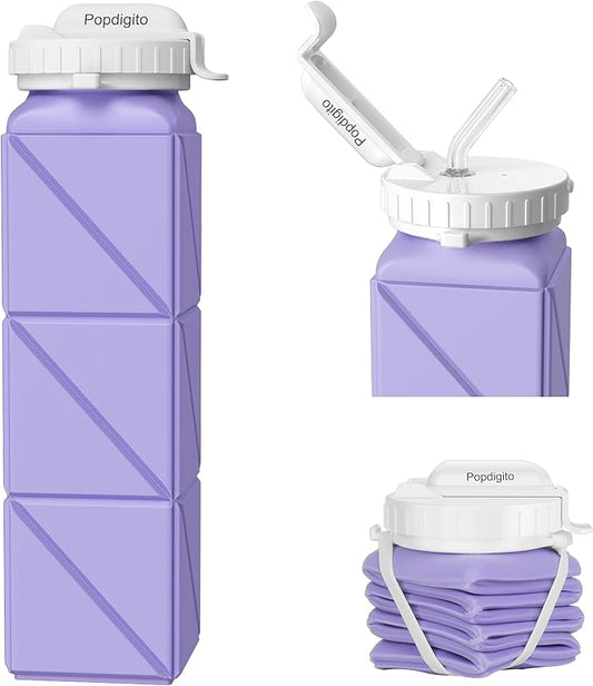 Collapsible Water Bottles 20.7oz Leakproof with Straw Lid Food-Grade BPA-Free Silicone Travel Foldable Water Bottles for Sports Office Gym Hiking Driving 610ML (Type2 Light Purple)