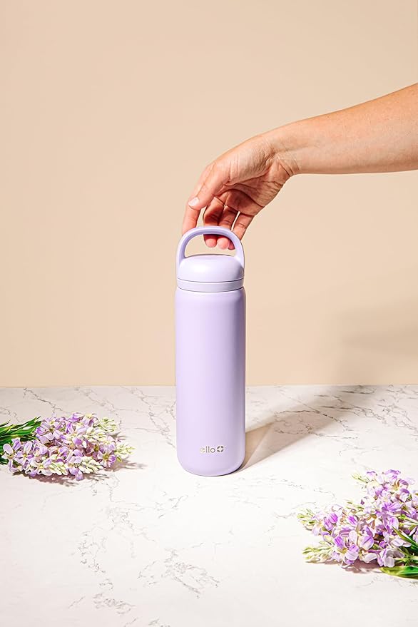 Ello Cooper Twist 40oz Stainless Steel Water Bottle with Chug Lid | Leak Proof | Double Walled and Vacuum Insulated | Built in Carry Loop | Dishwasher Safe | Lilac