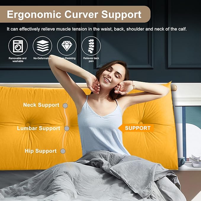 Large Triangular Headboard Pillows Long Backrest Positioning Support Bolster Cushion for Daybed Fluffy Quality Plush Body Wedge Pillow with Removable Cover(Light Yellow-Cal King-71x8x20 in)