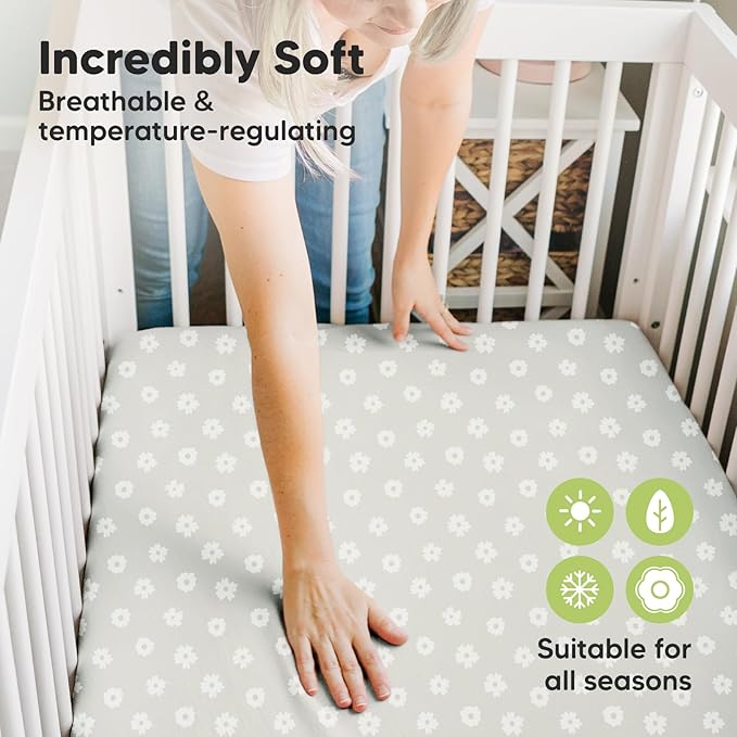 Pack and Play Sheets Fitted, 2-Pack Mini Crib Sheets - Pack N Play Sheets, Organic Fitted Crib Sheet for Pack and Play Mattress, Playard Baby Crib Sheets, Crib Sheets Neutral for Boys, Girls (Meadow)