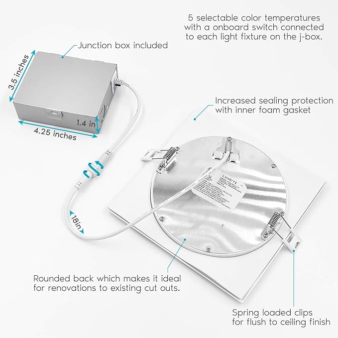LUXRITE 6 Inch Ultra Thin Square LED Recessed Lighting, 5 Color Temperature Options 2700K - 5000K, Dimmable LED Downlight, 12W, IC & Wet Rated, 1000 Lumens, Canless LED Recessed Light, ETL (4 Pack)