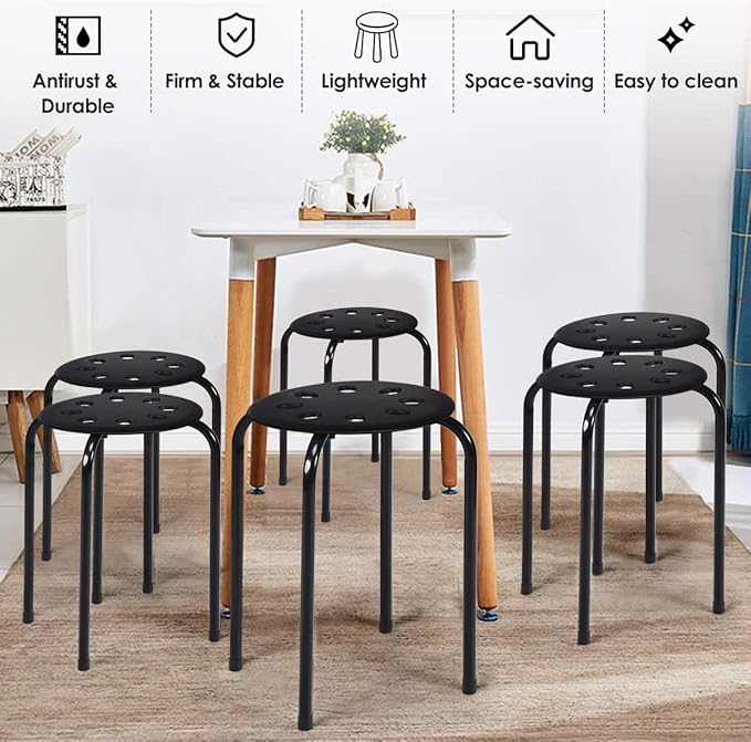Hysache Plastic Stackable Stools Set of 6, 17.5" Multipurpose Stool Chairs w/Metal Frame, X-Shape Connection, Non-Slip Feet, Backless School Classroom Nesting Stool for Students Child Kids (Black)