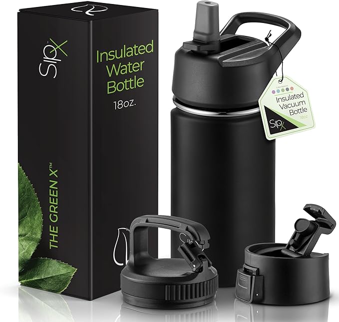 SipX™ Triple-Insulated Stainless Steel Water Bottle 18oz. With 3 Lids, BPA-Free Reusable Insulated Water Bottle Keeps Cold 24 Hours, Metal Water Bottle Made Of Sustainable Material For Hiking & Biking