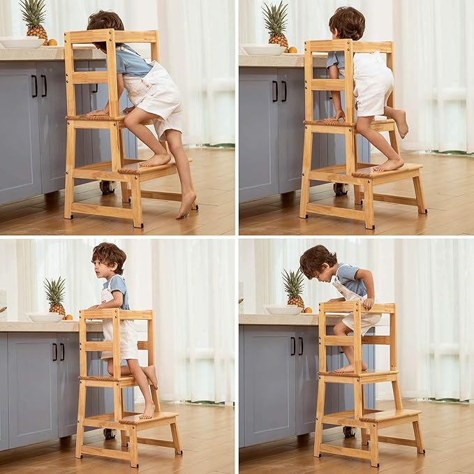 Kitchen Step Stool for Toddlers and Kids with Safety Rails for Kitchen Counter Solid Wood (Natural)