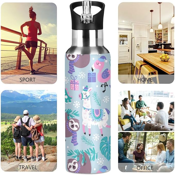 senya 34 Oz Water Bottle with Straw Animals Alpaca Llama Sloth Dinosaur Stainless Steel Water Bottle for Traveling Sports Leakproof Insulated Water Bottle