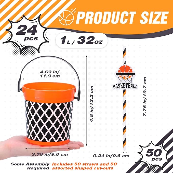 24 Pcs 32oz Basketball Party Favors Rum Buckets Plastic Basketball Cocktail Buckets for Drinks Plastic Ice Pail Bulk with Handle and Straw Reusable Punch Bowls for Drinkware Beer Beverage