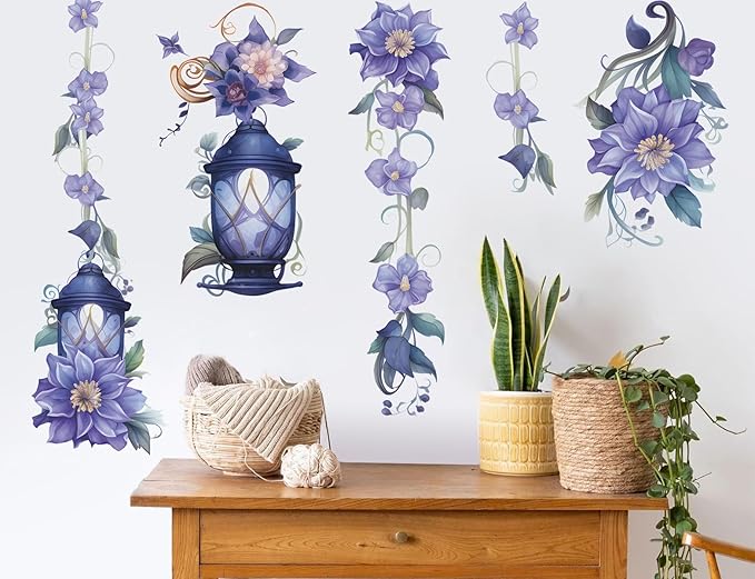 Hanging Flower Vine Wall Stickers Floral Lamp Wall Decals DIY Removable Peel and Stick Flower Vine Mural Art Decor for Living Room Bedroom TV Background Spring Party Decoration (Blue)
