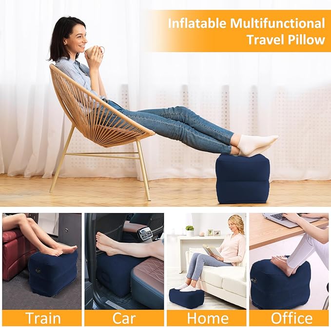 Inflatable Foot Rest Pillow for Travel - Adjustable Height Flight Foot Rest with Eye Mask and Earplugs for Kids & Adults on Airplane, Car, Train, Office, and Home (Blue, 1 PCS)