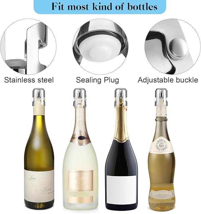 Tessco 18 Pcs Stainless Steel Champagne Stopper Reusable Bottle Sealer Wine Corker Champagne Cork Stopper with a Built in Sealing Plug Compact Champagne Saver Plug for Cava Prosecco (Silver)