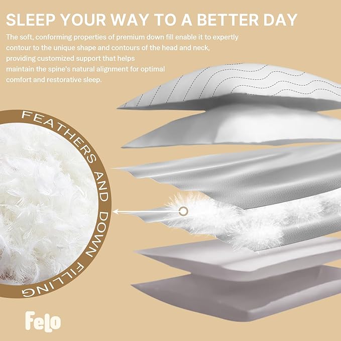 felo Feather Down Pillows King Size Set of 2, CloudFusion Goose Pillow for Sleeping, Luxury Hotel Collection Bed Supportive Pillows for Side Back Pain Sleepers, 100% Organic Cotton Shell (20" x 36")