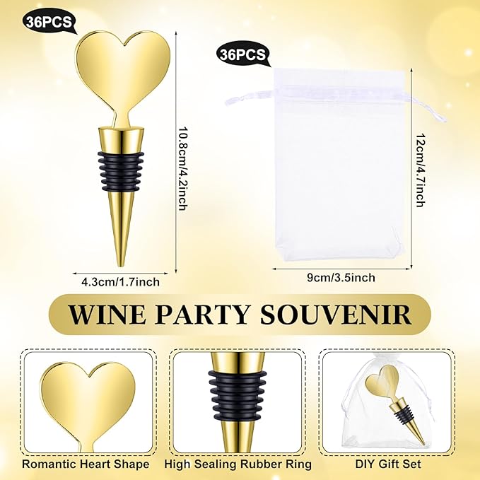 Blank Heart Shape Wine Stopper Stainless Steel Beer Stopper Blank Board Stopper with White Sheer Organza Bags Wedding Favor for Guests Wine Party Gifts Bridal Shower(Gold,36 Sets)
