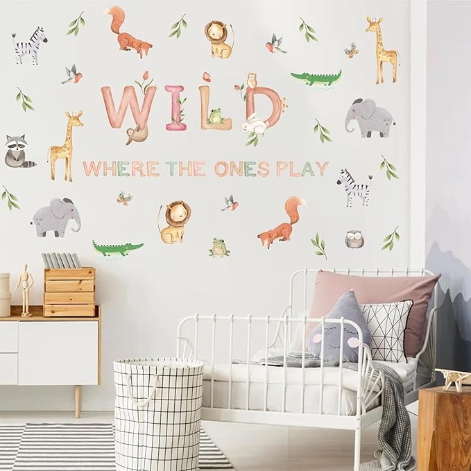 Safari Wall Decals for Kids Where The Wild Ones Play Peel and Stick Wallpaper 38pcs Giraffe Decor Zoo Animal Stickers Jungle Classroom Decal Fauna Forest Wall Murals for Classroom Playroom Nursery