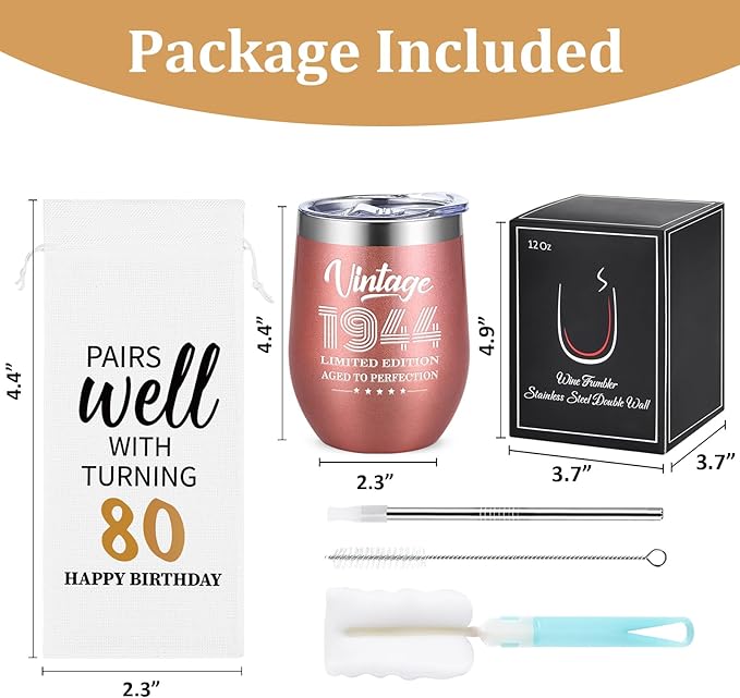 Lifecapido 80th Birthday Gifts for Women, Vintage 1944 Limited Edition Insulated Wine Tumbler with Wine Bag, Birthday Gifts for 80 Year Olds Woman, 80 Year Old Birthday Gifts for Mom Grandma, 12 oz