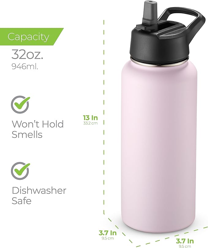 SipX™ Triple-Insulated Stainless Steel Water Bottle 32oz. With 3 Lids, BPA-Free Reusable Insulated Water Bottle Keeps Cold 24 Hours, Metal Water Bottle Made Of Sustainable Material For Hiking & Biking