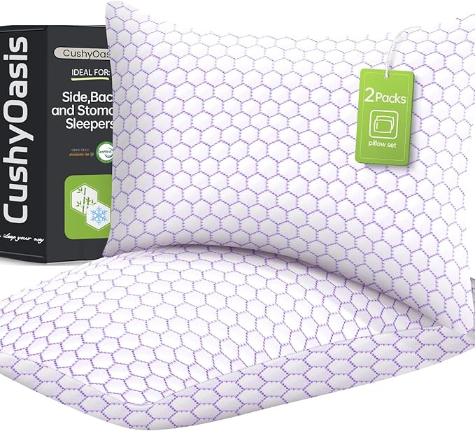 Shredded Foam Pillow for Sleeping, Cooling Bed Pillows Set of 2, Adjustable Pillows for Side, Back, Stomach Sleepers with Washable Pillowcase (King Size, Purple)