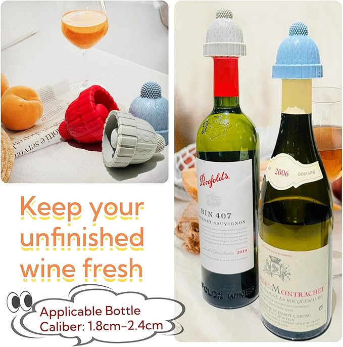 Silicone Wine Bottle Stopper, Reusable Wine Saver to Keep Wine Sealed/Fresh, Fun Wine Stoppers with Knitted Hat Design, Great Choices for Wine Lovers - Standard Bottles Are Applicable(Blue)