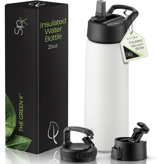 SipX™ Triple-Insulated Stainless Steel Water Bottle 25oz. With 3 Lids, BPA-Free Reusable Insulated Water Bottle Keeps Cold 24 Hours, Metal Water Bottle Made Of Sustainable Material For Hiking & Biking