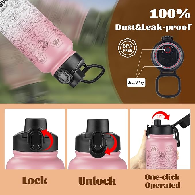 National Parks Water Bottle with Stickers and Straw,32oz Double Wall Vacuum Wide Mouth Insulated Water Bottle for Travel,BPA-free and Leak-proof (32oz,Pink White)
