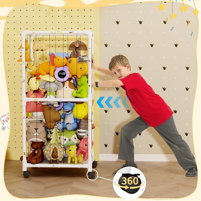 Extra Large Stuffed Animal Zoo Cage with Wheel, Stuffed Animal Storage Shelves Display, Plush Animal Storage Holder for Stuffed Animals, Playroom, Bedroom, Nursery, Kids Toy Storage Organizer