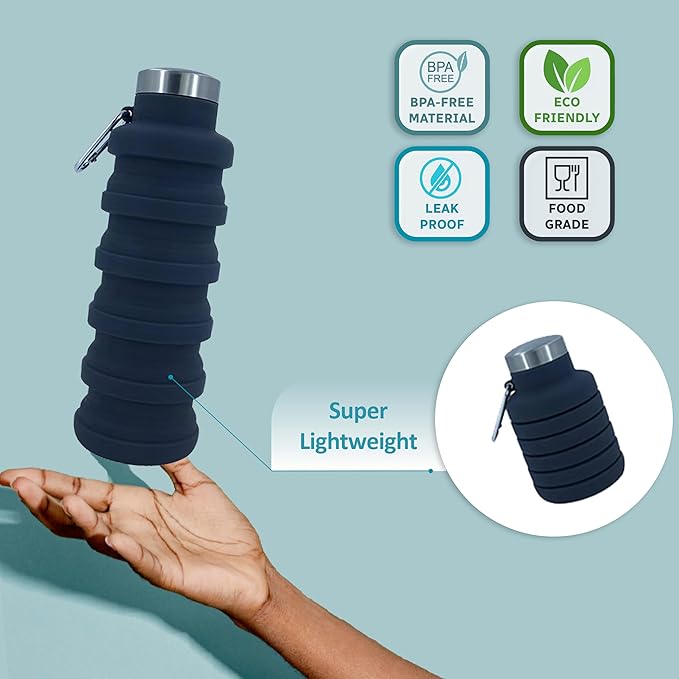 Collapsible Water Bottles 17oz, Odorless BPA-Free Silicone, Leak-Proof Foldable Reusable Bottle - Perfect for Travel Sports Gym Hiking Camping Cycling - Dark Gray