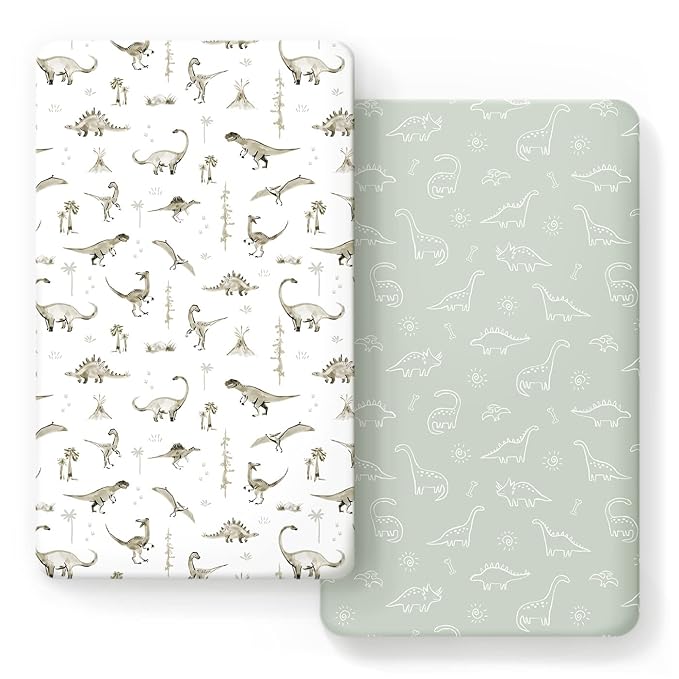 GRSSDER Stretch Ultra Soft Jersey Knit Fitted Crib Sheets Set 2 Pack，Fit All Standard Crib Mattress Pads Safe and Snug, Crib Fitted Sheet for Baby, Dinosaur