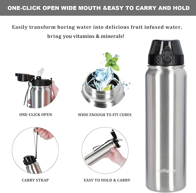 GOPPUS 32 oz Sports Water Bottle 1 Liter Double Wall Insulated Stainless Steel Water Bottles with Straw Lid Reusable Leak proof Metal water bottles with Strap Handle(Steel 1 lid)