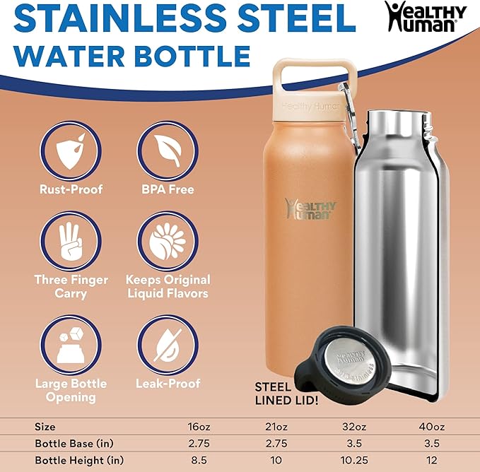 Healthy Human Stainless Steel Water Bottle | Double Walled Vacuum Insulated Water Thermos for Adults | Eco-Friendly Travel Bottles with Leak Proof Lid (Mocha, 21 oz/ 621 ML)