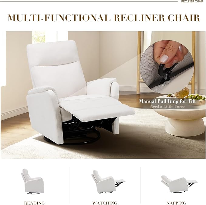 Swivel Rocking Recliner Glider Chair, Upholstered Fabric Reclining Rocker Chair with Footrest for Living Room, Nursery, Office, Bedroom, Ergonomic High Backrest, Wide Seat Cushion and Metal Base-White
