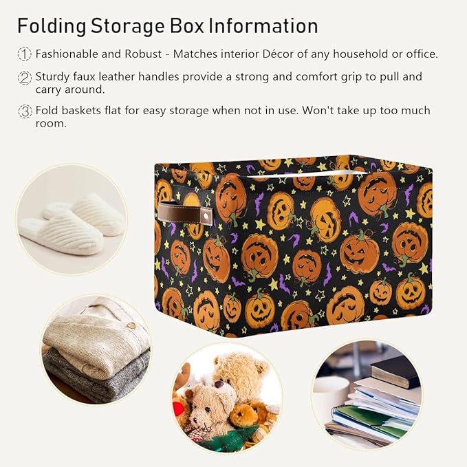 Halloween Pumpkin Spooky Storage Basket Fabric Kitchen Baskets Purple Bat Black Open Home Storage Bins Boxes Foldable Organizer Bag for Baby Cloth Pet Toy Book Shelf Closet Baskets 16×12×8 Inches