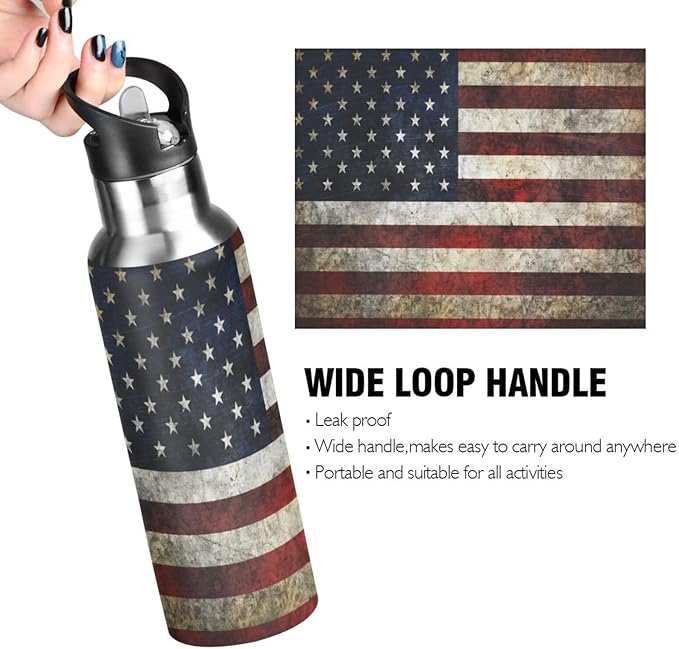 Alaza American Flag Patriotic Water Bottle With Straw Lids Boys Girls,Vacuum Insulated Leakproof Stainless-Steel Sports Bottle Thermal Flask For Gym Yoga Camping,34Oz (1000Ml)