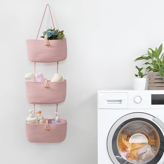 TeoKJ Over the Door Hanging Baskets with Button Strap, 3-Tier Woven Cotton Storage Organizer Bag, Wall-Mounted with Hook Decorative Hanging Nursery Baskets - Pink